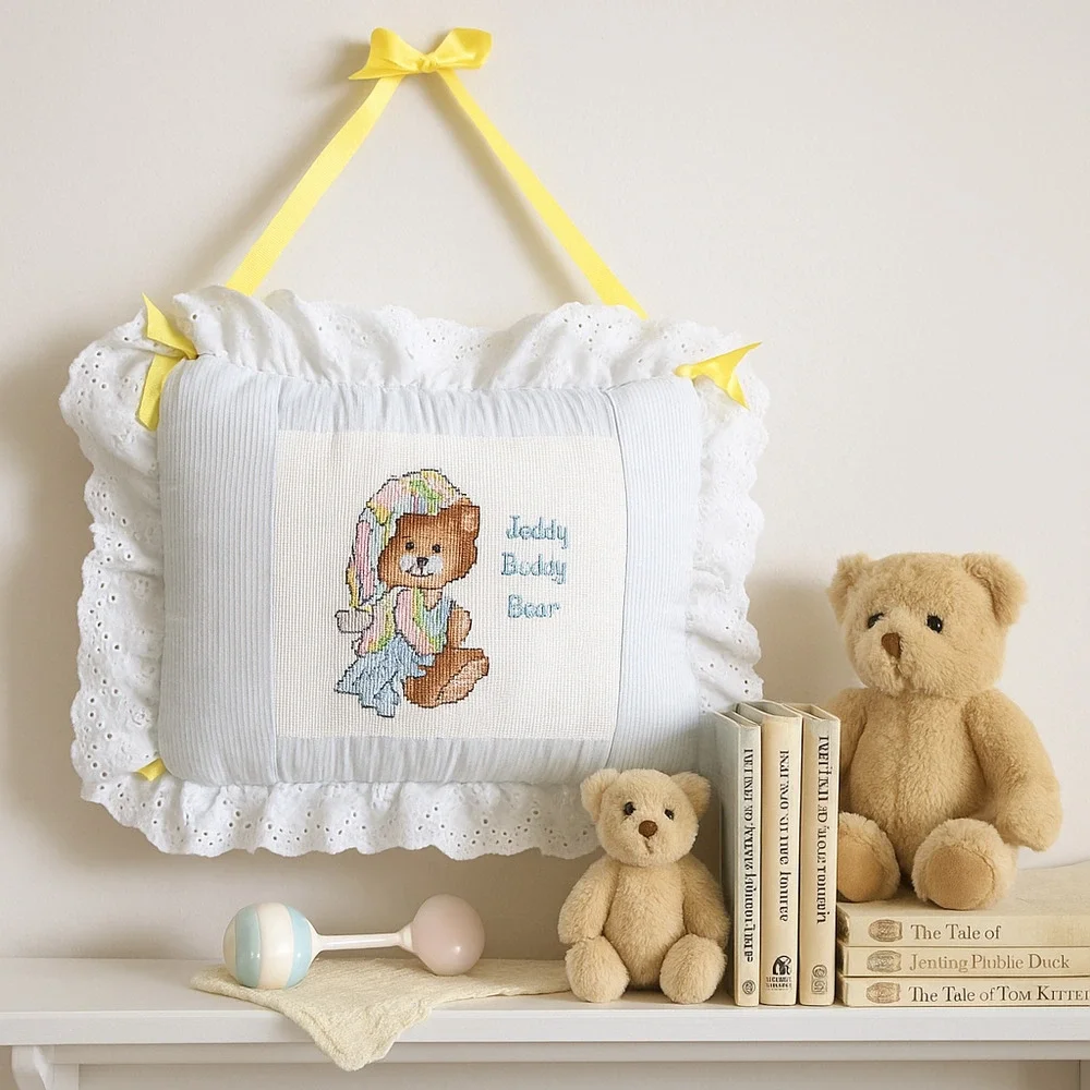 Vintage 80s Teddy Beddy Bear Cross Stitch Baby Pillow – Retro Nursery Décor